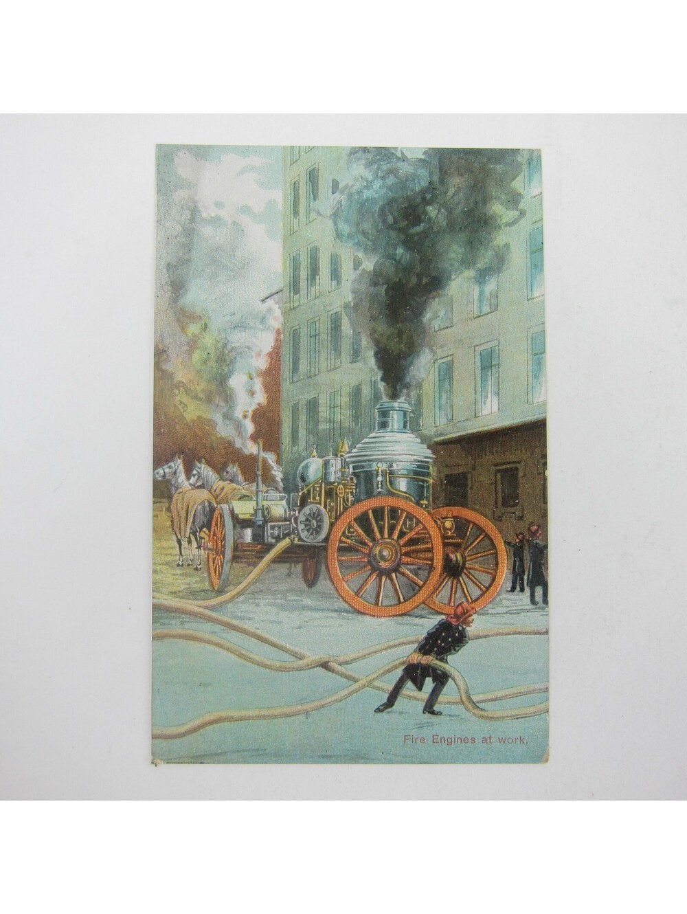 Postcard Firefighters Horse Drawn Fire Engine At Work Antique Unposted RARE
